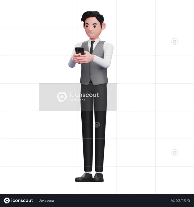 Homme d'affaires en gilet gris tapant un message au téléphone  3D Illustration