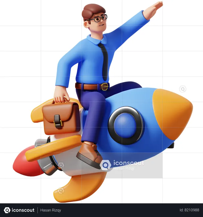 Homme d'affaires chevauchant une fusée  3D Icon