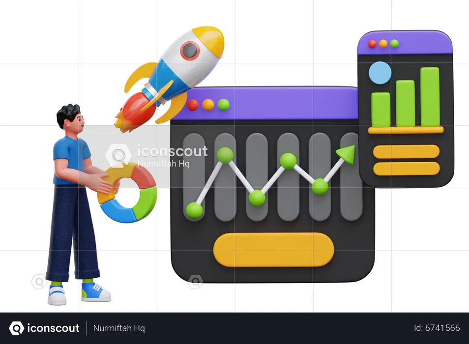 Homme d'affaires effectuant une analyse de démarrage  3D Illustration