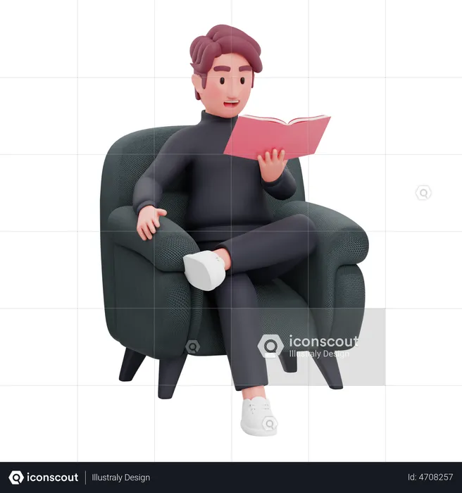 Homme d'affaires lisant un livre d'affaires tout en étant assis sur un canapé  3D Illustration