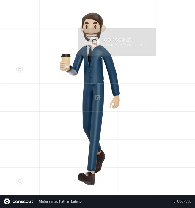 Homme d'affaires marchant et tenant une tasse de café  3D Illustration