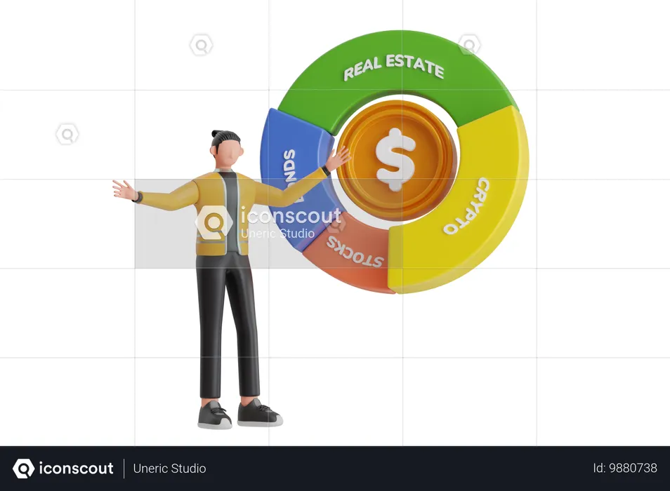 Homme d'affaires montrant des investissements diversifiés  3D Illustration