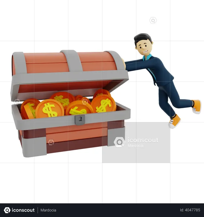Homme d'affaires poussant la boîte au trésor  3D Illustration