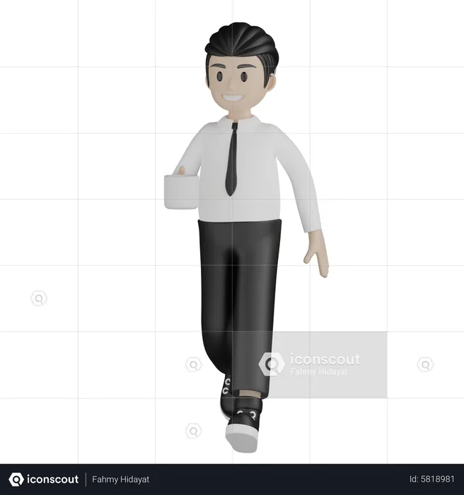 Homme d'affaires tenant un café et marchant  3D Illustration