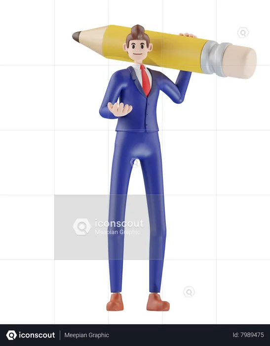 Homme d'affaires tenant un crayon et présentant  3D Illustration