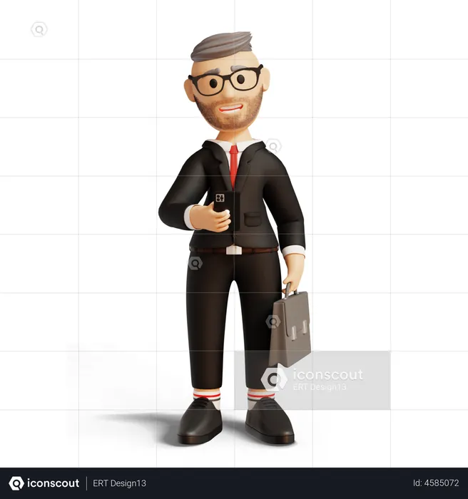 Homme d'affaires tenant une mallette et utilisant un mobile  3D Illustration