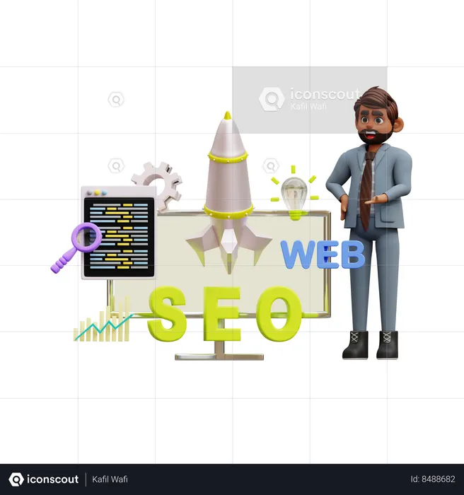 Homme d'affaires travaillant sur une startup SEO  3D Illustration