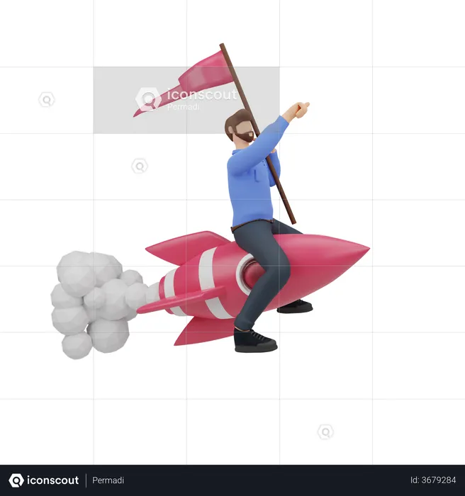 Homme d'affaires volant sur le concept d'entreprise de fusée  3D Illustration