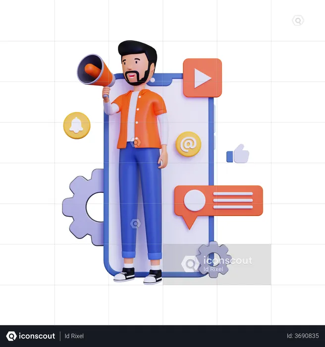 Homme faisant du marketing mobile avec un haut-parleur mégaphone  3D Illustration