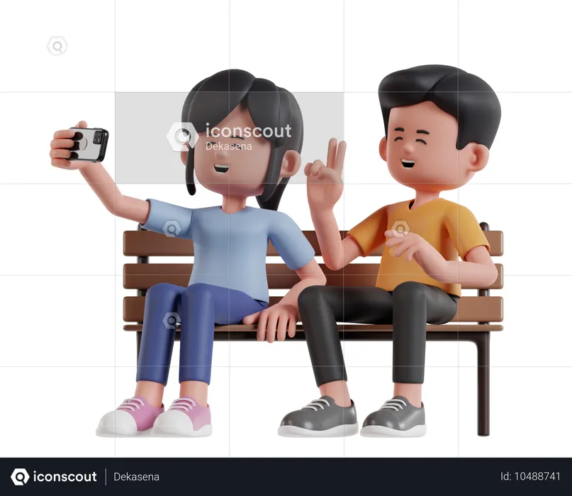 Un homme et une femme prennent un selfie sur un banc dans un parc  3D Illustration