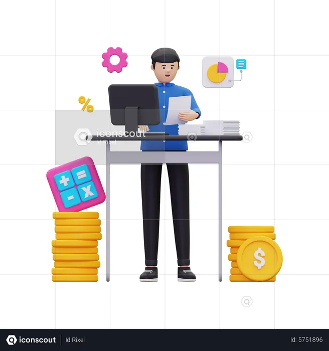 Homme faisant la comptabilité en ligne  3D Illustration