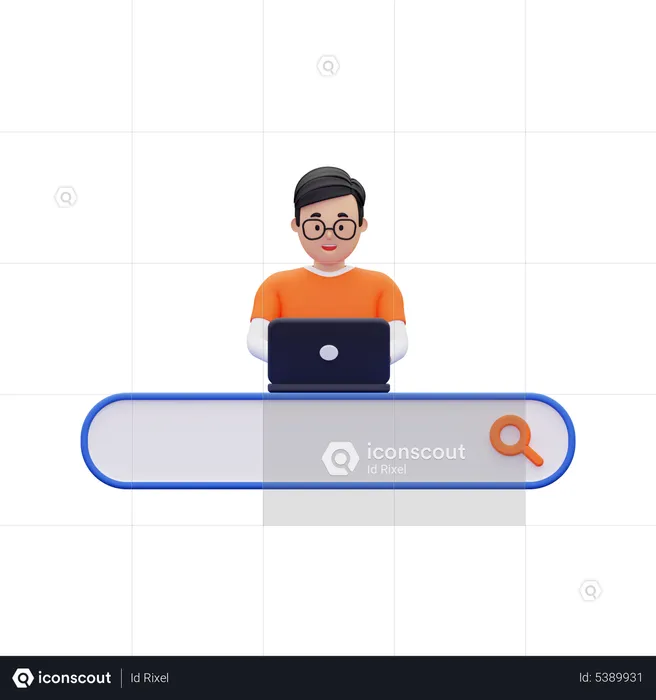 Homme faisant une navigation en ligne avec la barre de recherche  3D Illustration
