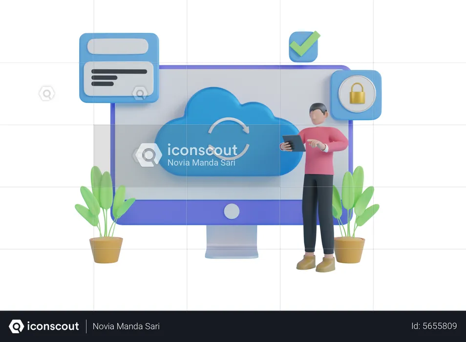 Homme faisant une sauvegarde dans le cloud  3D Illustration