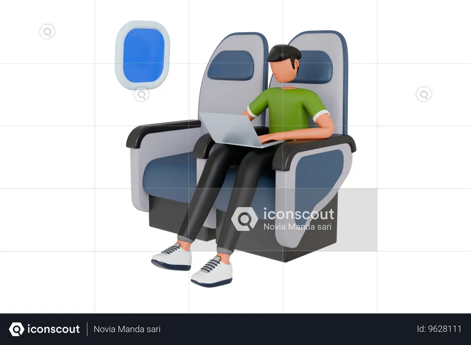 Homme effectuant un travail à distance lors d'un voyage en avion  3D Illustration