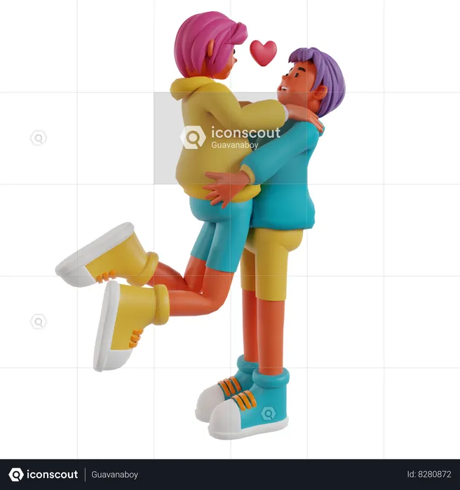 Homme soulevant une femme s'embrassant ensemble  3D Illustration