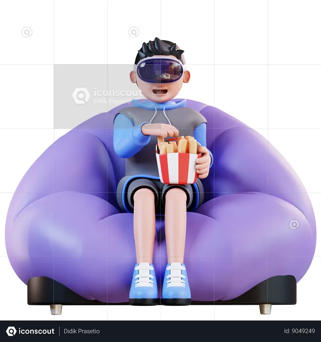 Homme mangeant des frites tout en utilisant la réalité virtuelle  3D Illustration