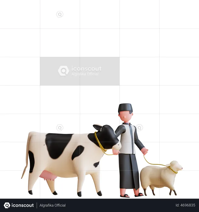 Homme musulman prenant soin des vaches et des moutons  3D Illustration