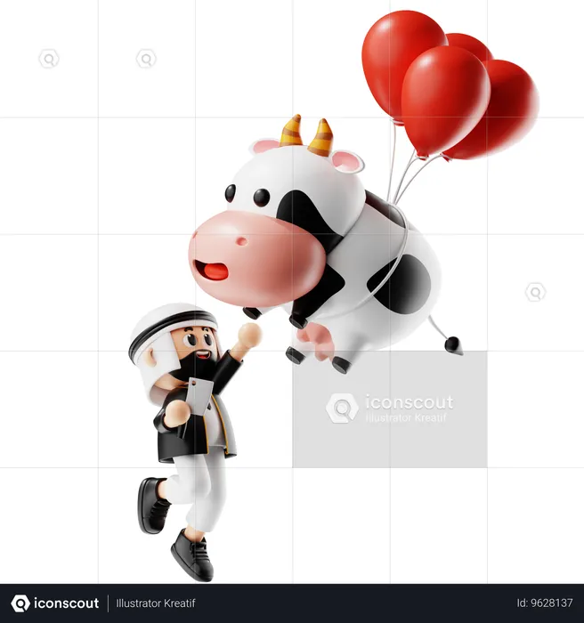 Homme musulman s'amusant avec sa vache  3D Illustration