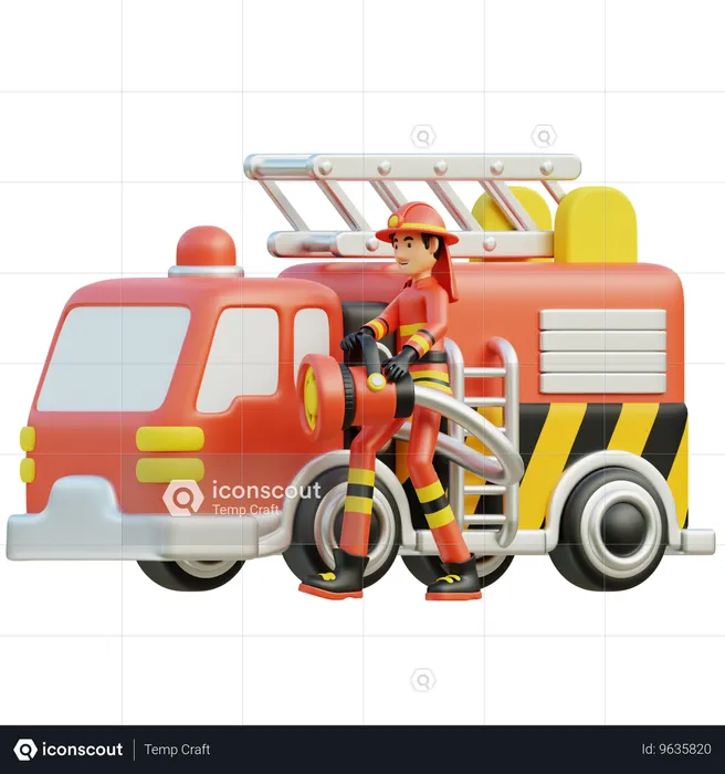 Pompier masculin avec voiture  3D Illustration