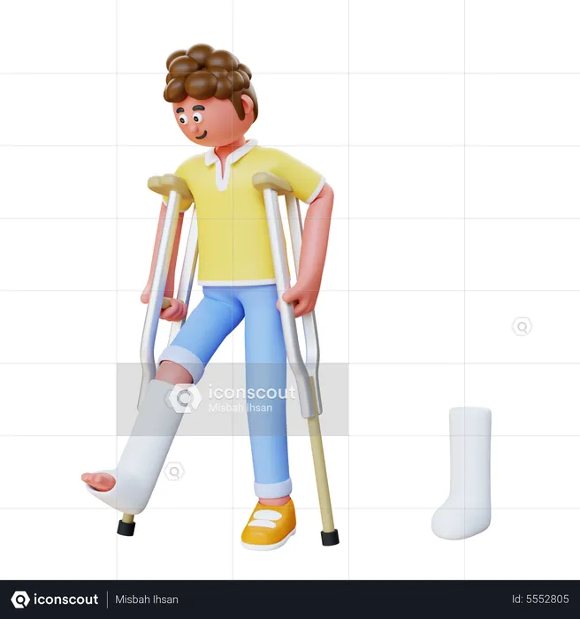 Homme qui marche avec des béquilles  3D Illustration