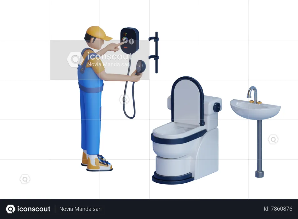 Homme réparant et remplaçant le robinet de douche dans la salle de bains  3D Illustration