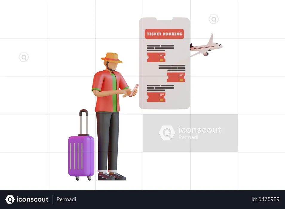 Homme réservant un billet de voyage en ligne  3D Illustration