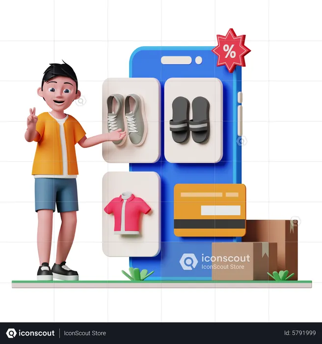 Homme faisant des achats en ligne à l'aide d'une application de commerce électronique  3D Illustration