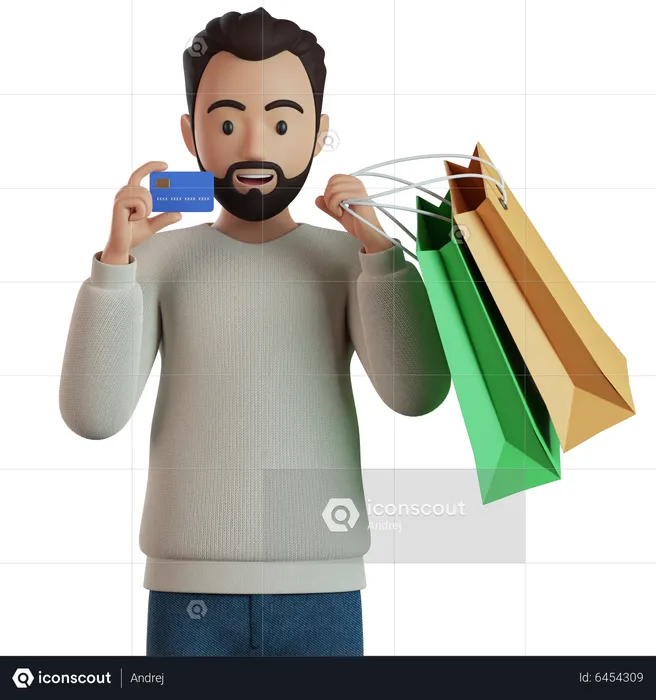 Homme tenant des sacs à provisions et montrant une carte de crédit  3D Illustration