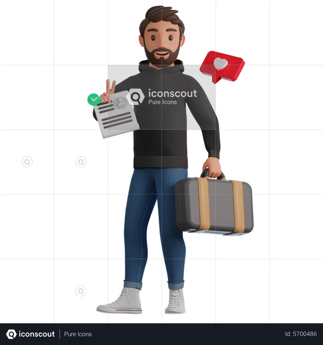 Homme tenant un CV et une valise  3D Illustration