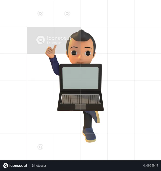 Homme tenant un ordinateur portable et montrant les pouces vers le haut  3D Icon