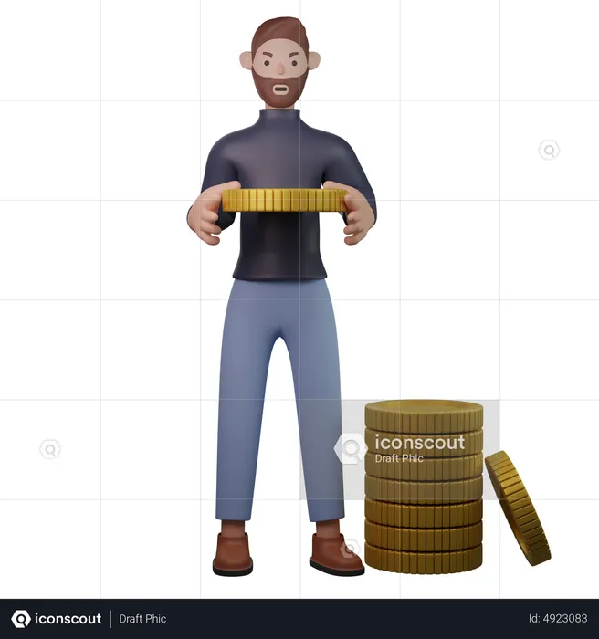 Homme tenant une pile de pièces  3D Illustration