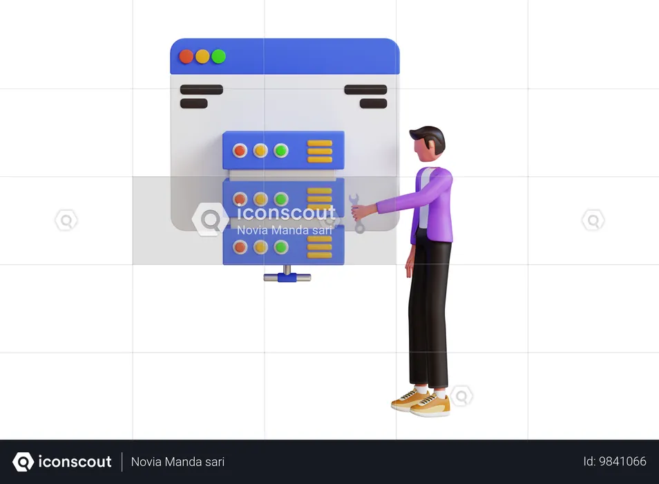 Homme travaillant sur un service d'hébergement de sites Web  3D Illustration