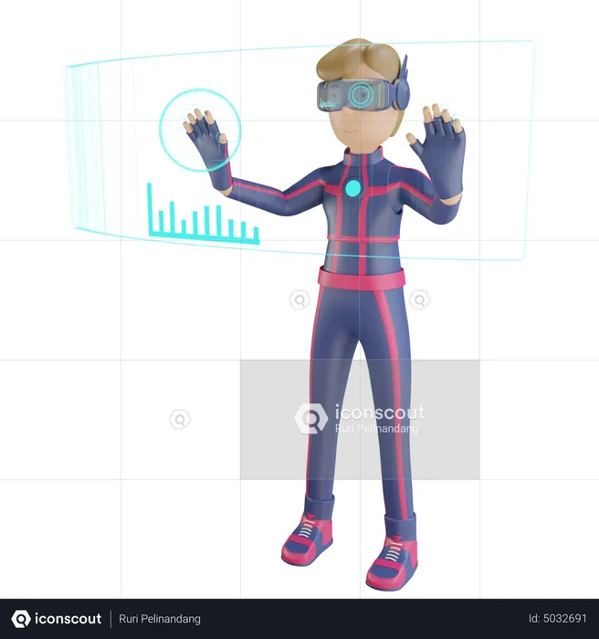 Homme virtuel travaillant avec le métaverse  3D Illustration