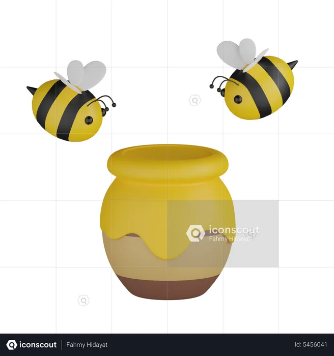 Honey Pot With Bee  3D Icon