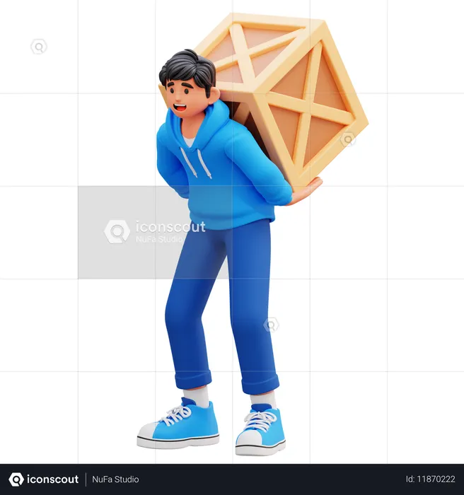 Hoodie Boy Carrying Wooden Crate On Back  3D Illustration