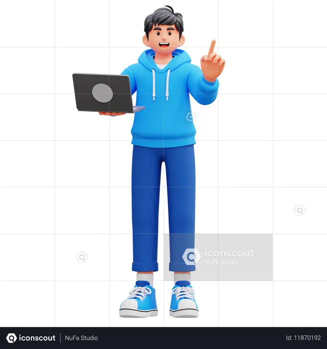 Hoodie Boy Holding Laptop While Giving Presentation  3D Illustration