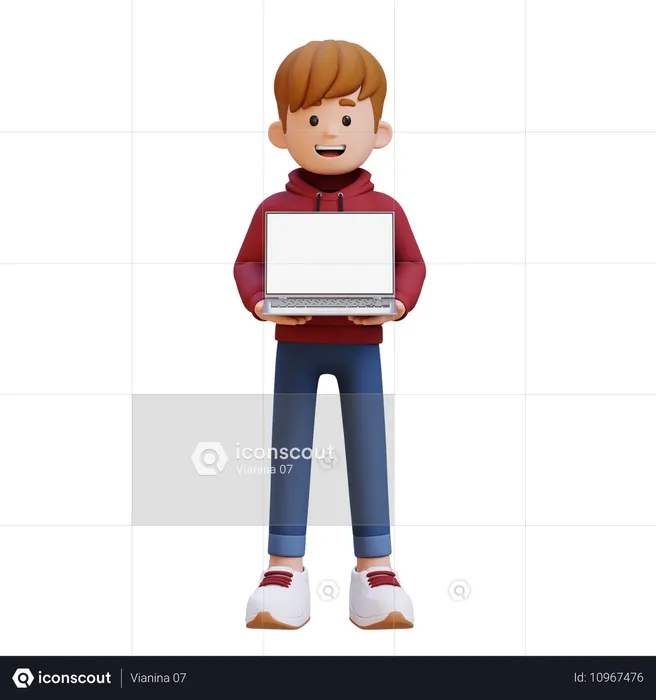 Hoodie Boy Holding Laptop With Empty Screen  3D Illustration