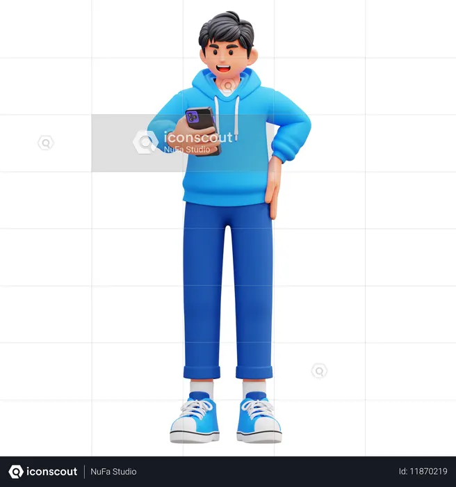 Hoodie Boy Holding Smartphone  3D Illustration