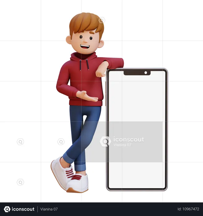 Hoodie Boy Presenting On Big Smartphone With Empty Screen  3D Illustration