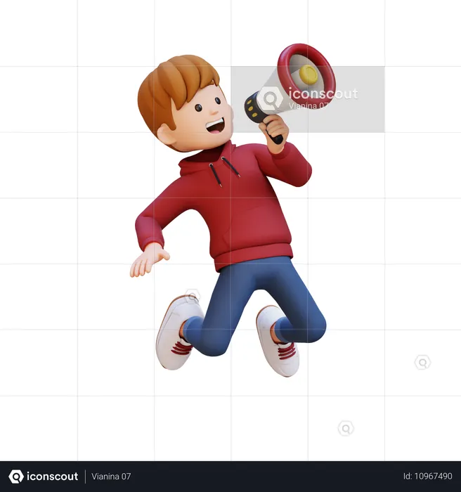 Menino com capuz pulando com megafone enquanto faz marketing  3D Illustration