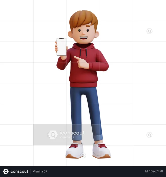 Menino com capuz segurando e apontando para smartphone com tela vazia  3D Illustration