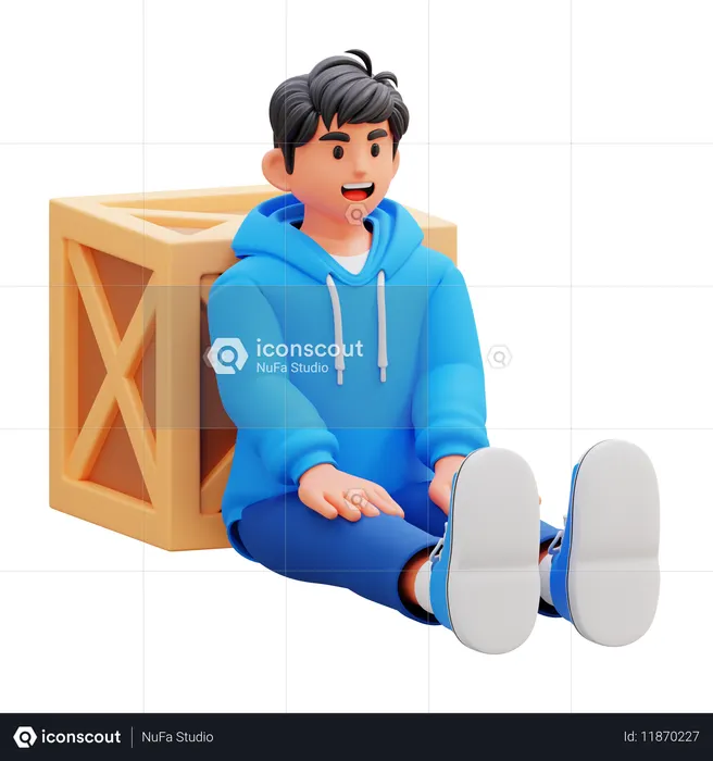 Hoodie Boy Sitting By Crate  3D Illustration