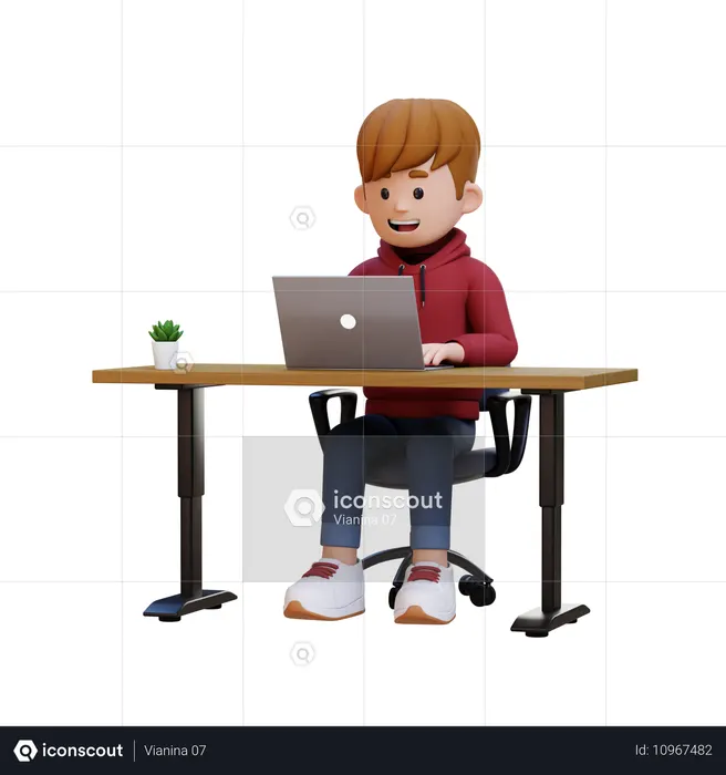 Hoodie Boy Working On Laptop At Office  3D Illustration