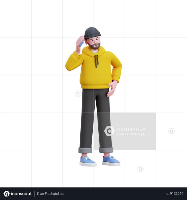 Hoodies Man Calling On Mobile  3D Illustration