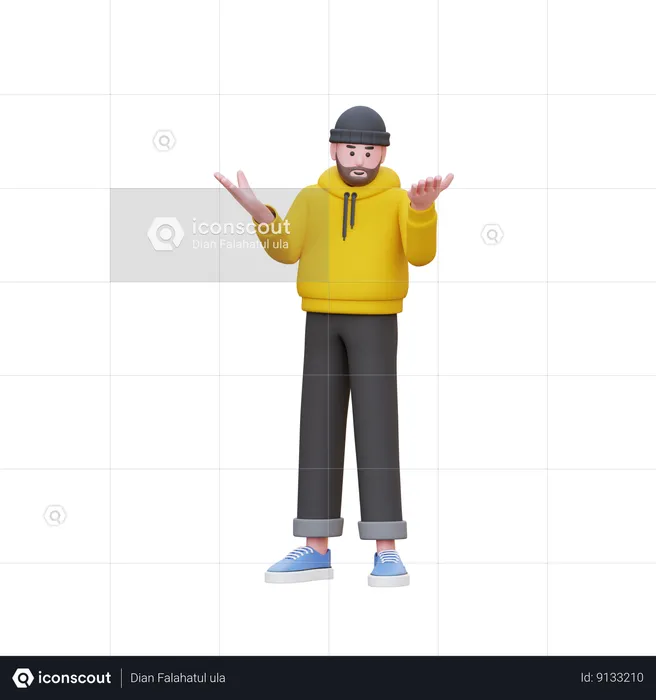 Hoodies Man Confuse While Standing With Open Hands  3D Illustration