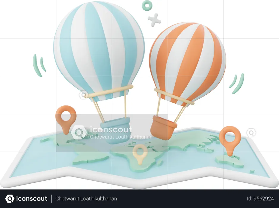 Hot Air Balloons Over A Map  3D Icon