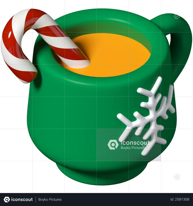 Hot Chocolate in Christmas cup with Candy cane  3D Illustration