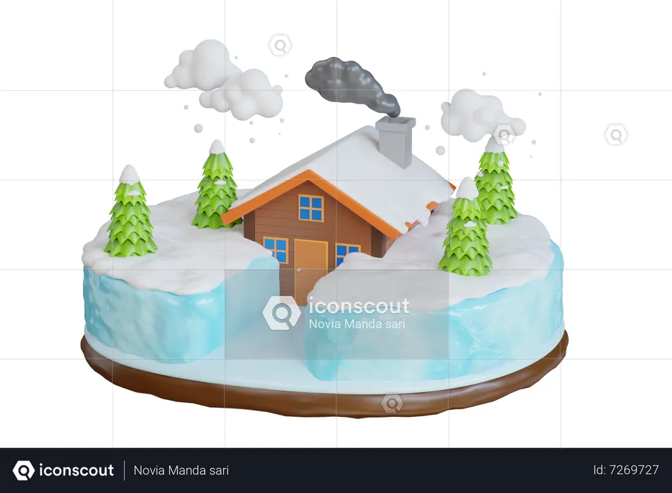 House Building in Forest Covered Snow  3D Illustration