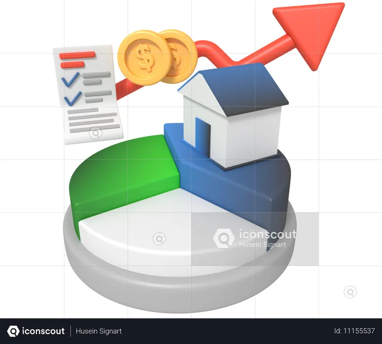 파이 차트 다이어그램에 있는 집  3D Icon