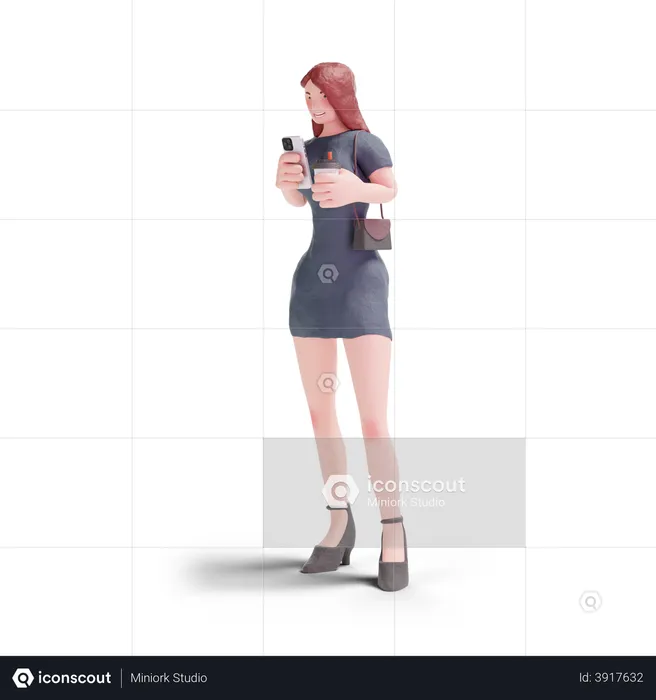 Hübsche Frau im Kleid mit Telefon mit Kaffee  3D Illustration